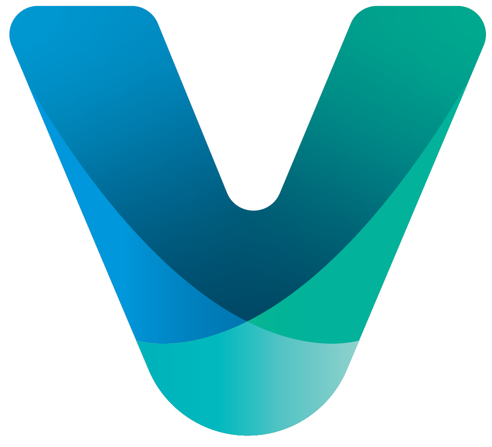 V V icon from VOCAL logo, featuring tones of bright blue, dark blue, teal, aqua and green.